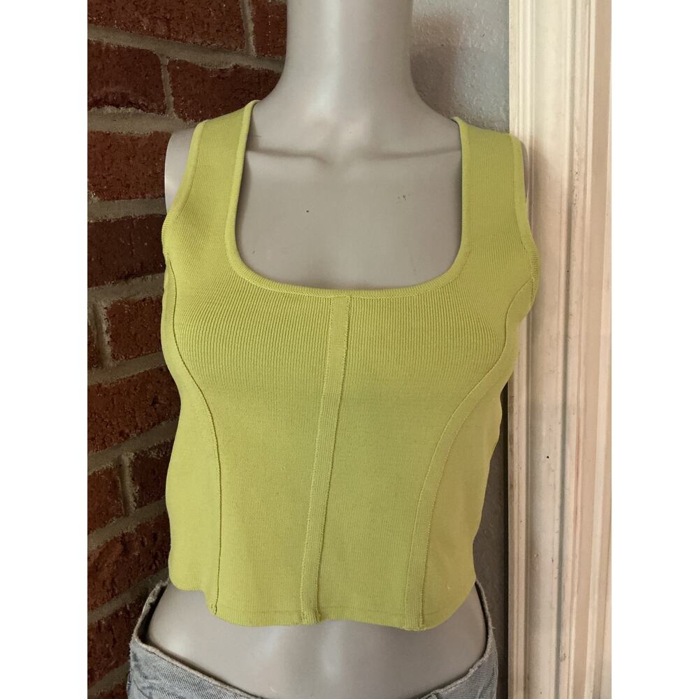 Lime Green Ribbed Corset Seam Tank Top Size Large Stretchy Y2K Happily Grey